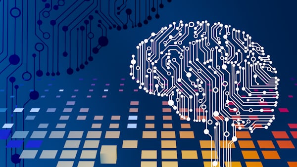 Futuristic circuit board AI brain 3D render — technology concept
